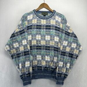Vintage Croft Barrow Sweater Men's XL Blue Plaid Check Italy Geometric Golf 90s